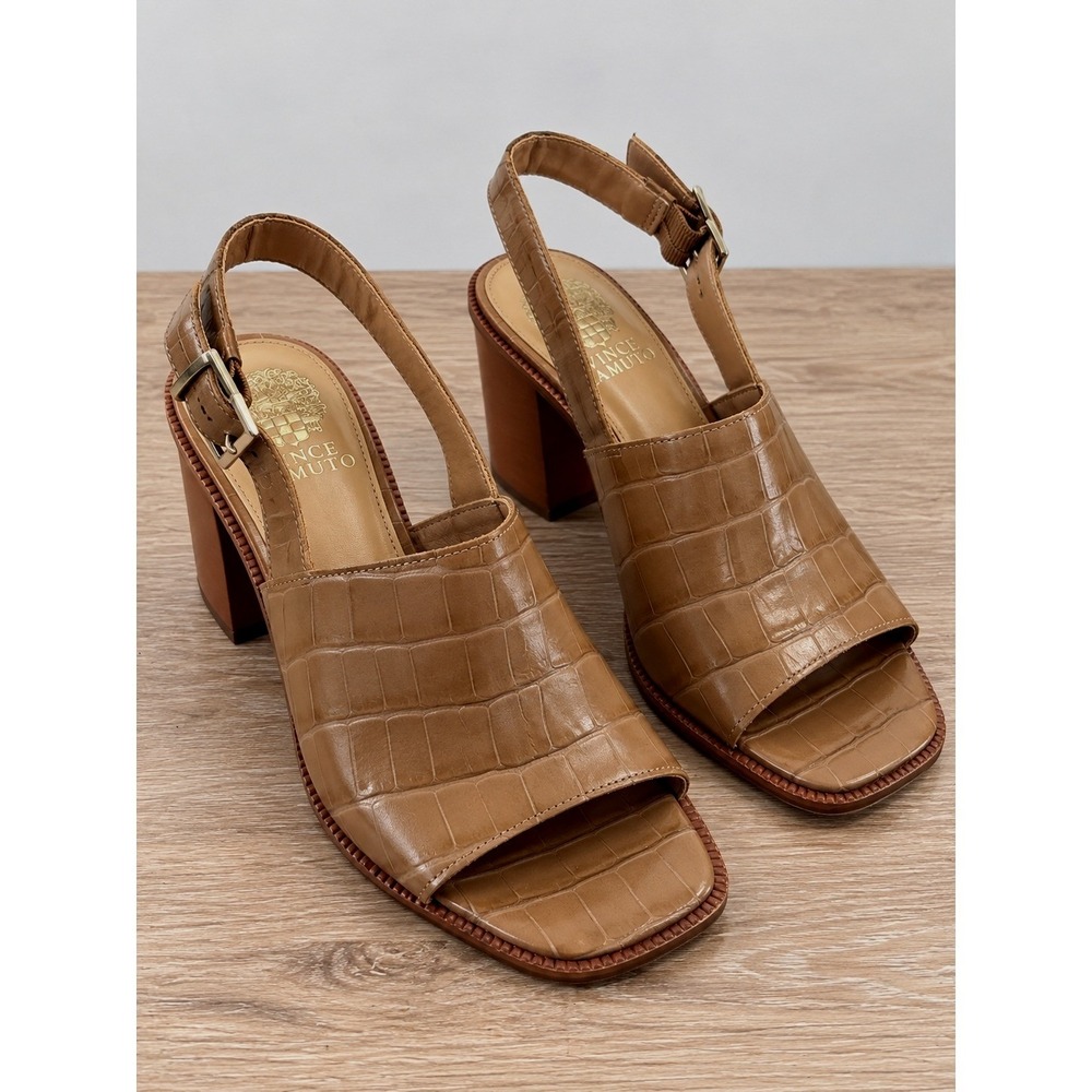 Vince Camuto Brendiza Tan Croc Embossed Leather Block Heel Sandals 7.5M